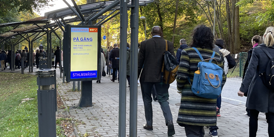 En grupp människor som går längs en trottoar mot Stockholmsmässan. 